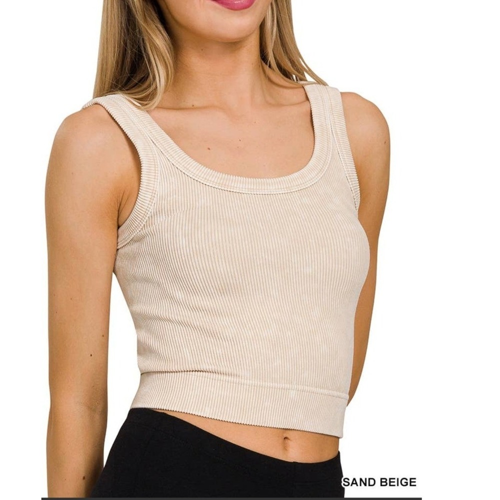 Zenana Sand Beige Washed Ribbed Cropped Seamless Scoop Tank L/XL NTW-6307A